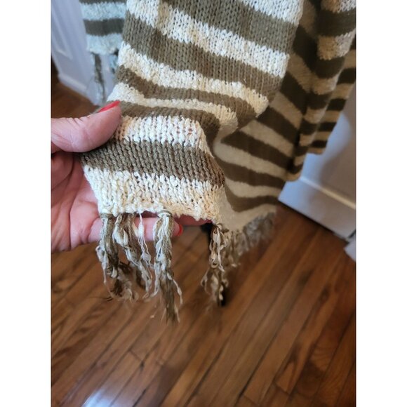 Olive/Ivory Stripe Sweater Cashmere/Cotton Blend Fringe S/M Boho Neutral n - Picture 5 of 8